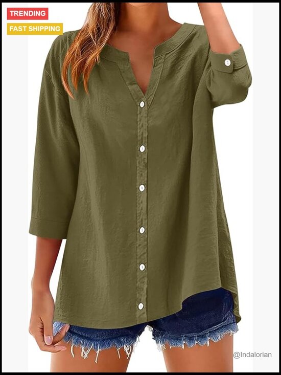 Tops - Cotton Linen 3/4 Sleeve Button Down Tunic Blouse Loose Fit V Neck